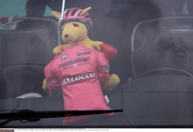 A pink kangaroo in the Orica-GreenEdge bus