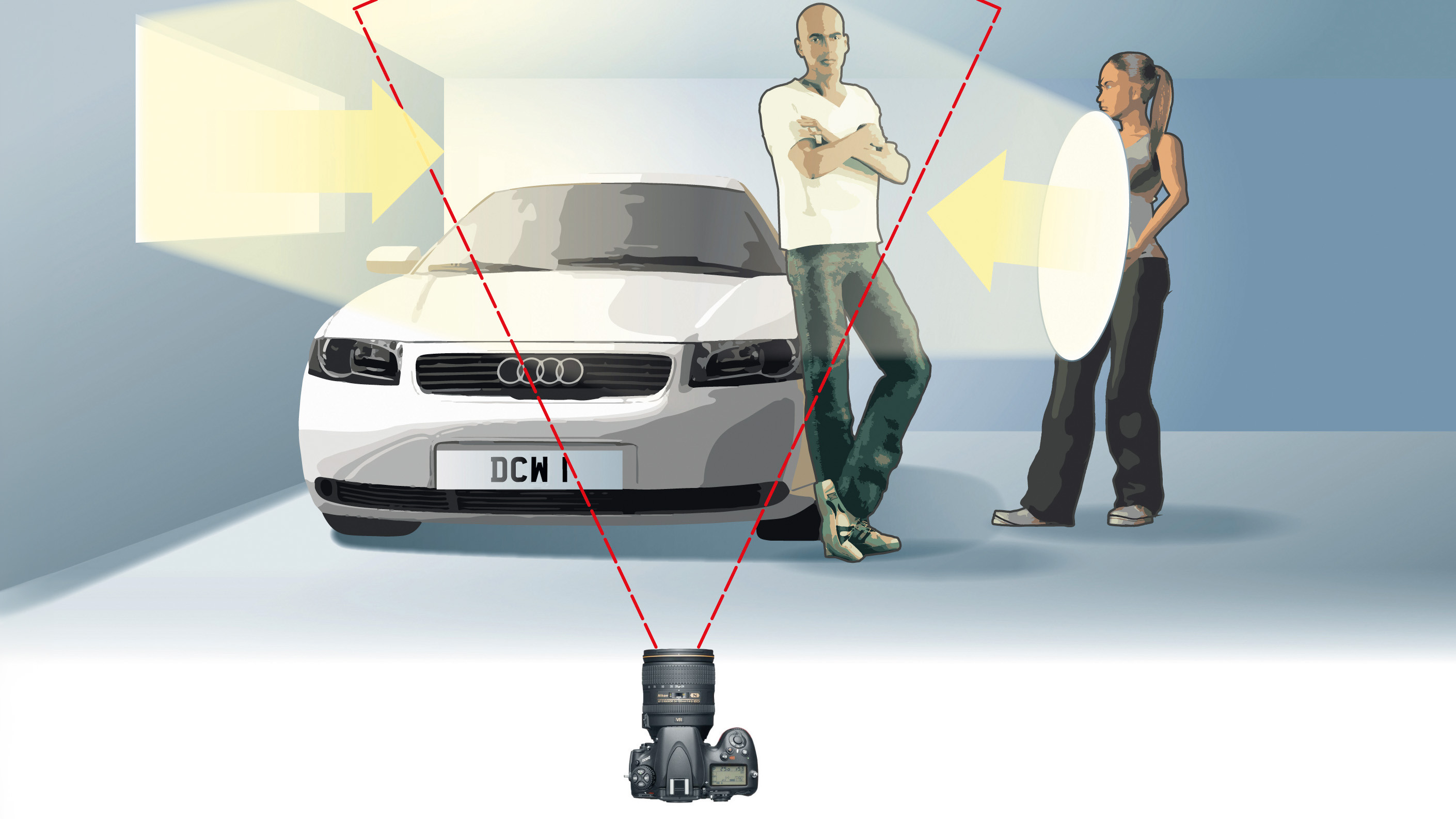 Diagram of a photographic assistant using a reflector to bounce window light onto a male model standing by a white car in a garage