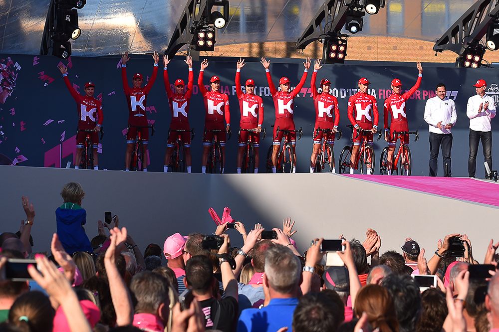 Team Katusha on stage in Apeldoorn.