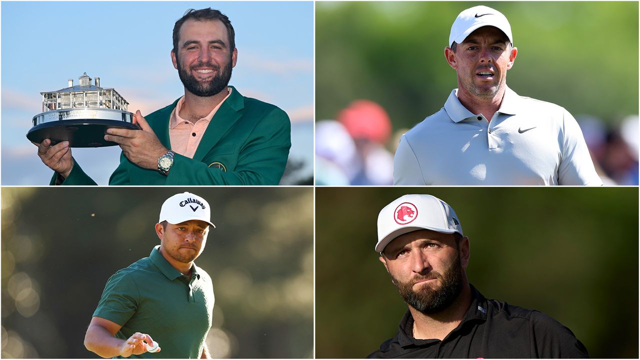 Scottie Scheffler holds The Masters trophy, Rory McIlroy walks off the green, Xander Schauffele waves at the crowd, Jon Rahm looks into the distance