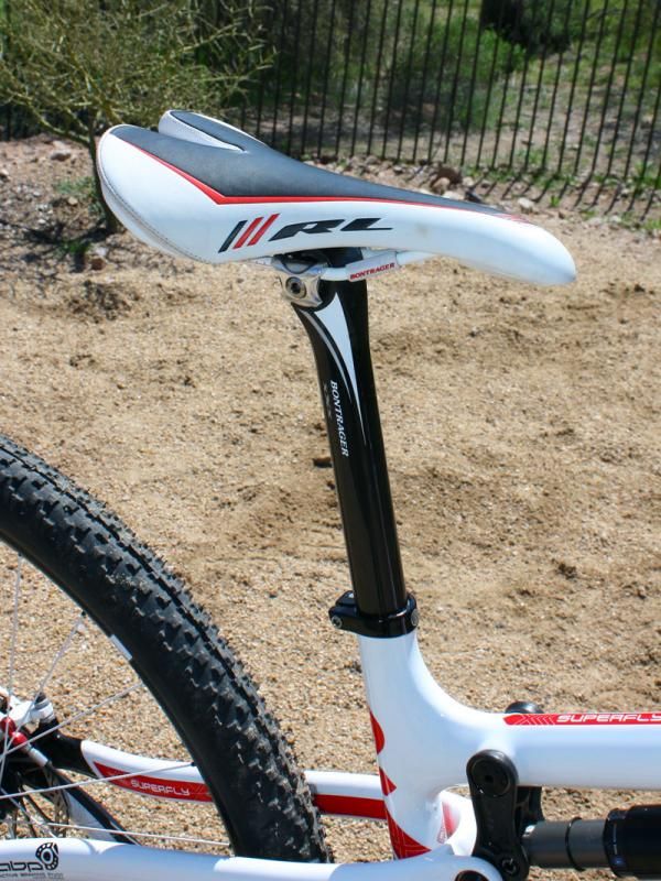 The Bontrager Race XXX Lite carbon fiber seatpost is topped with a Bontrager Race Lite saddle