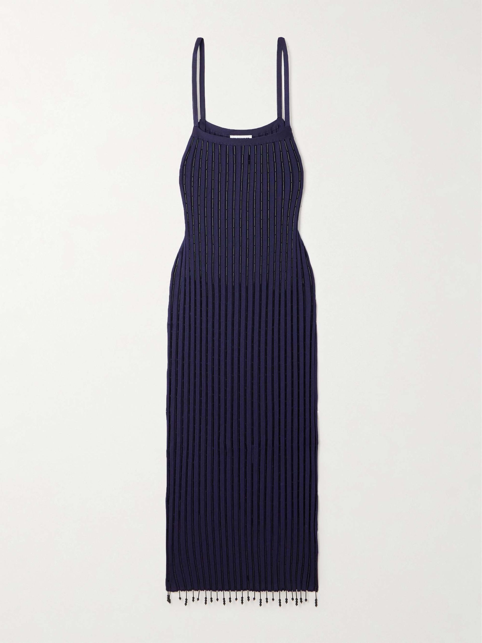Bead-Embellished Ribbed-Knit Maxi Dress