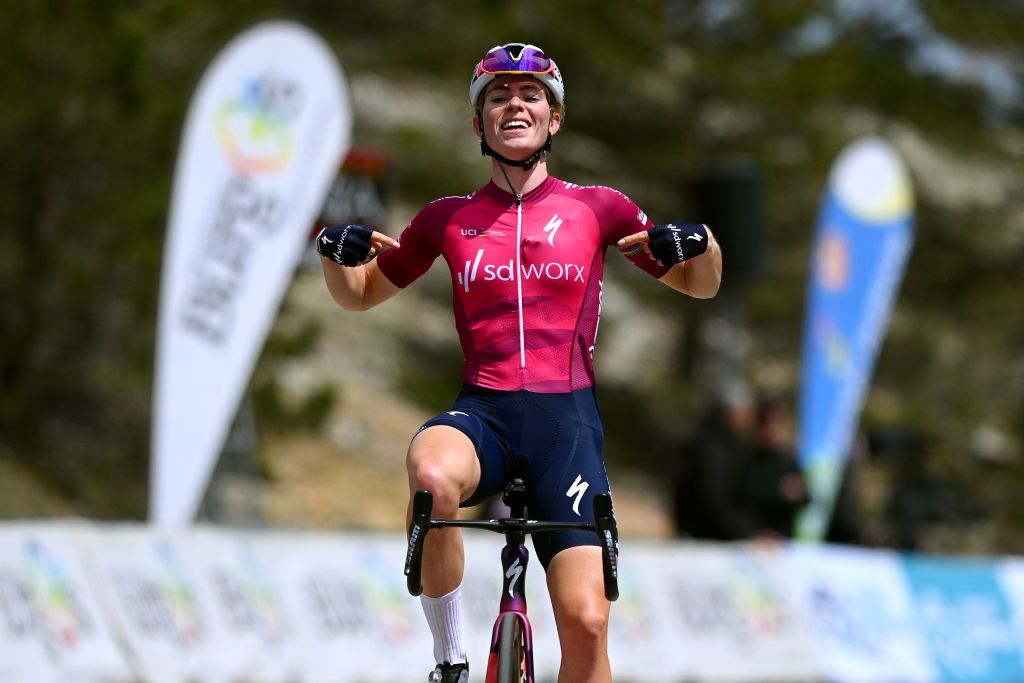 LAGUNAS DE NEILA SPAIN MAY 21 EDITORS NOTE Alternate crop Demi Vollering of The Netherlands and Team SD Worx Pink UCI Womens WorldTour Leader Jersey celebrates at finish line as stage winner competes during the 8th Vuelta a Burgos Feminas 2023 Stage 4 a 1215km stage from Tordmar to Lagunas de Neila 1867m UCIWWT on May 21 2023 in Lagunas de Neila Spain Photo by Dario BelingheriGetty Images