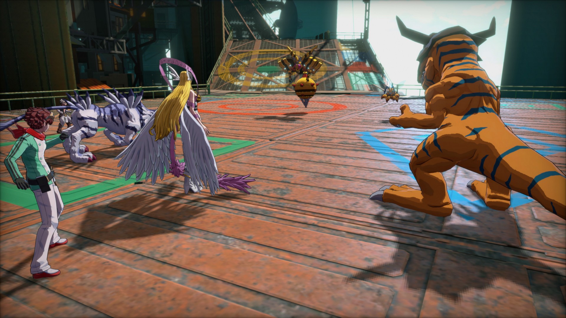 A hacker does battle with Garurumon, Angewoman, and Greymon facing off against enemies in Digimon Story: Time Stranger