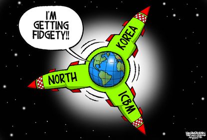Political cartoon U.S. Trump North Korea ICBM missile fidget spinner