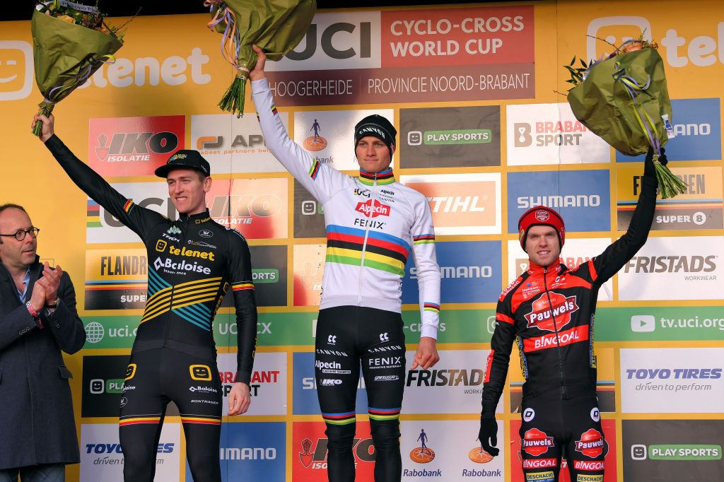 Van der Poel on the top step of the podium alongside Aerts (left) and Iserbyt (right)