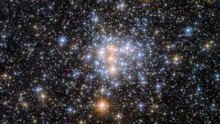 A relatively small open cluster of stars in the Small Magellanic Cloud as seen by Hubble.