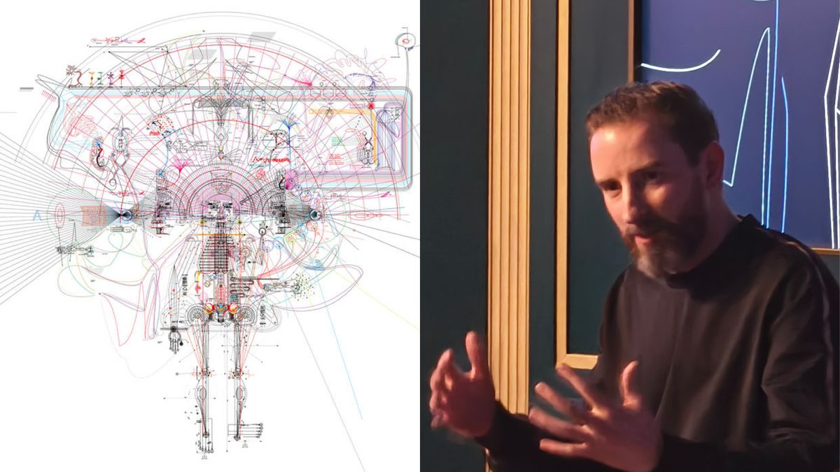 The cover art for Max Cooper&#039;s On Being next to a photo of Cooper at the L-Acoustics HYRISS 3D Audio suite