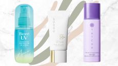 a marble backdrop with three bottles of japanese sunscreen from Biore, Suqqu and Tatcha