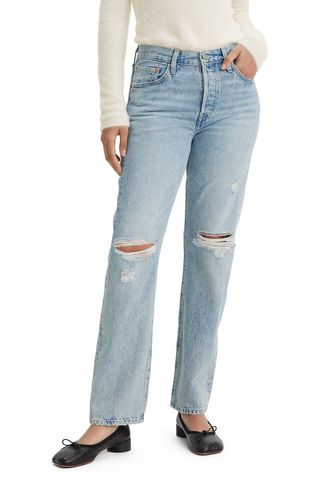 501® Jeans Kaki Lurus Pinggang Tinggi Robek