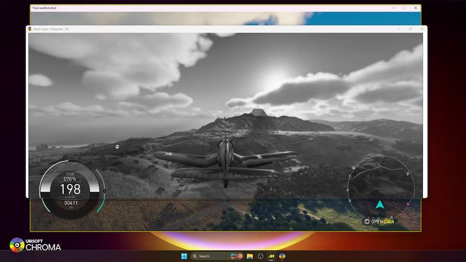 An image from a demo of Ubisoft Chroma colourblind simulation tool showing a plane flying over hills