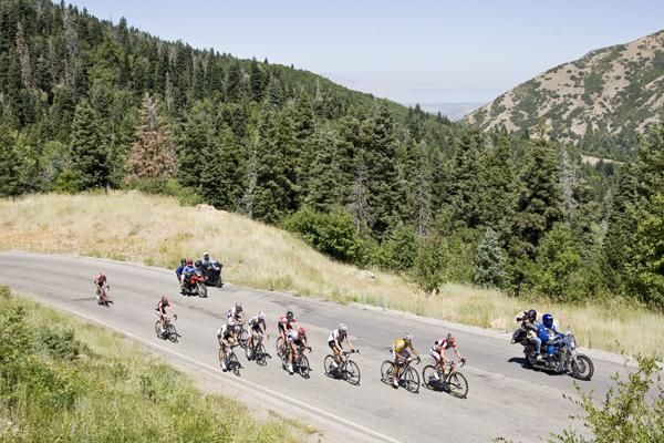 The break away group starts to get organised on the Mount Nebo climb.