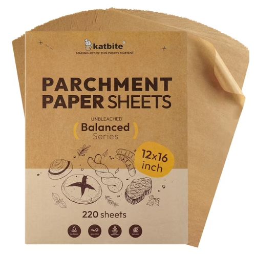 Pack of 220 parchment paper sheets with brown branding and a yellow label reading '12x16 inch'