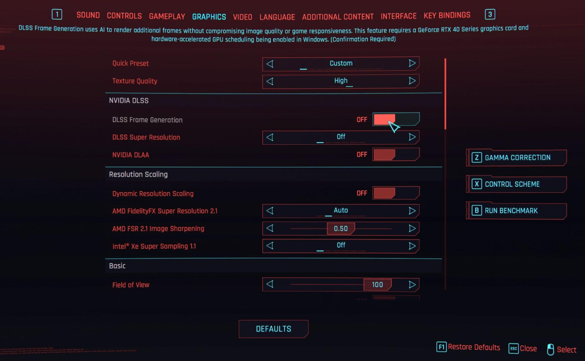 Cyberpunk 2077 settings graphic menu