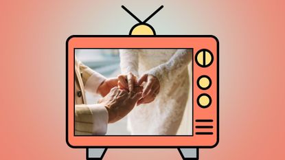 illustrated TV with bride and groom placing rings on one another's hands