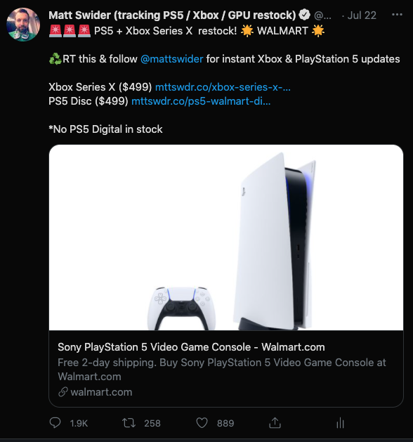 PS5 restock Twitter tracker alert from Walmart by Matt Swider