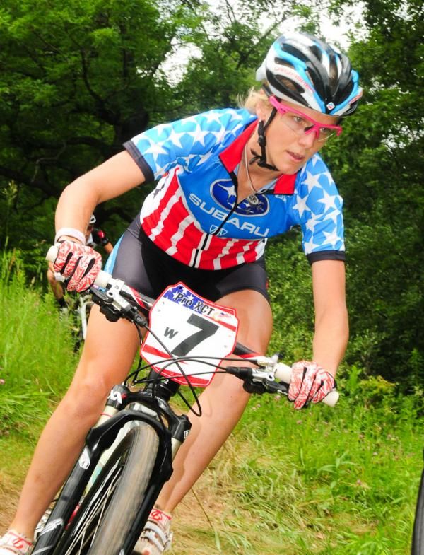 U.S. Champion Heather Irmiger (Subaru-Trek) riding in fourth place.
