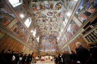 VATICAN CITY, VATICAN - JANUARY 13: A general view as Pope Benedict XVI celebrates baptisms in the Michelangelo'sSistine Chapel, January 13, 2008 in Vatican City.(Photo by Franco Origlia/Gett
