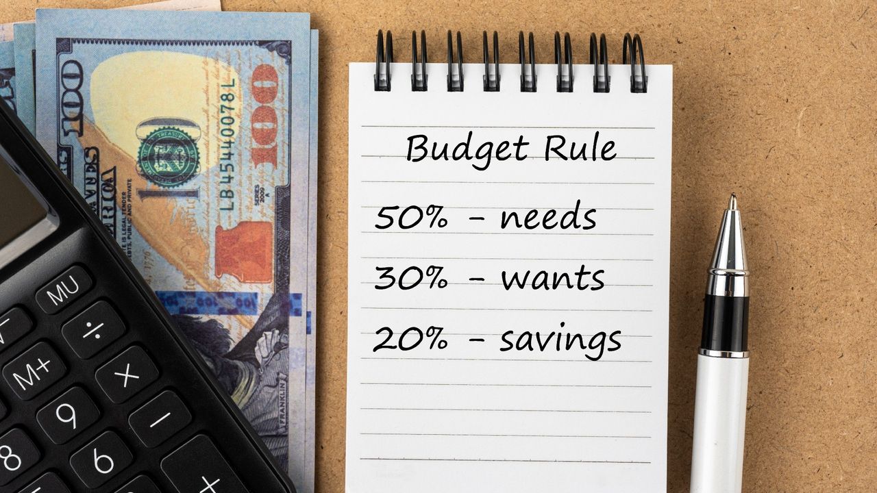 Calculator, stack of cash, and a notepad that reads &quot;Budget rule: 50% needs, 30% wants, 20% savings&quot; 