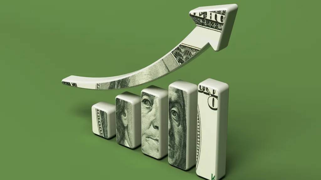 Financial chart and 100 dollar banknote. On a green-colored background. Horizontal composition with copy space. Isolated with clipping path.