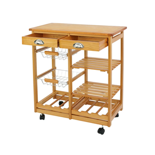 A rolling wooden kitchen cart with storage compartments