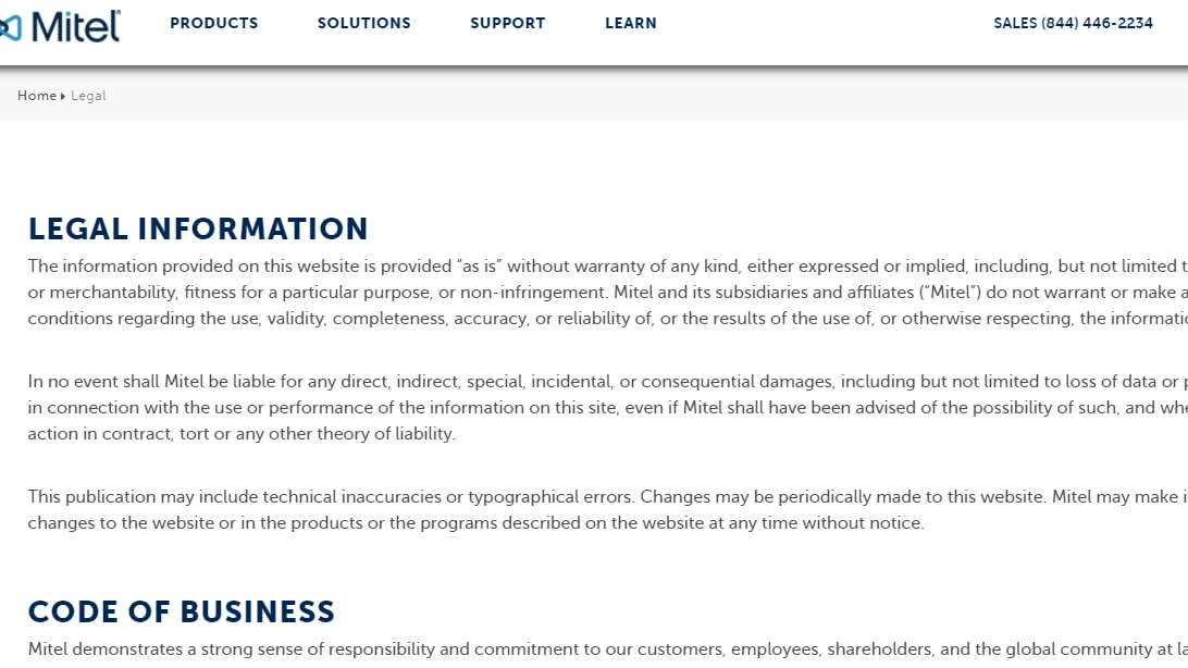 Mitel MiCloud security and legal info screenshot