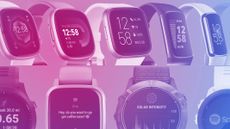 A selection of Garmin and Fitbit watches on a pink background