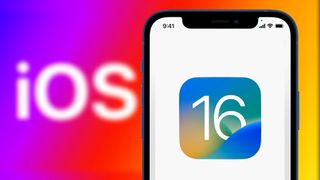 iOS 16's logo connected  an iPhone, with an iOS graphic successful  the background