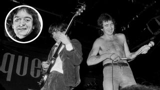 AC/DC onstage in 1976, plus inset headshot of Terry Slesser