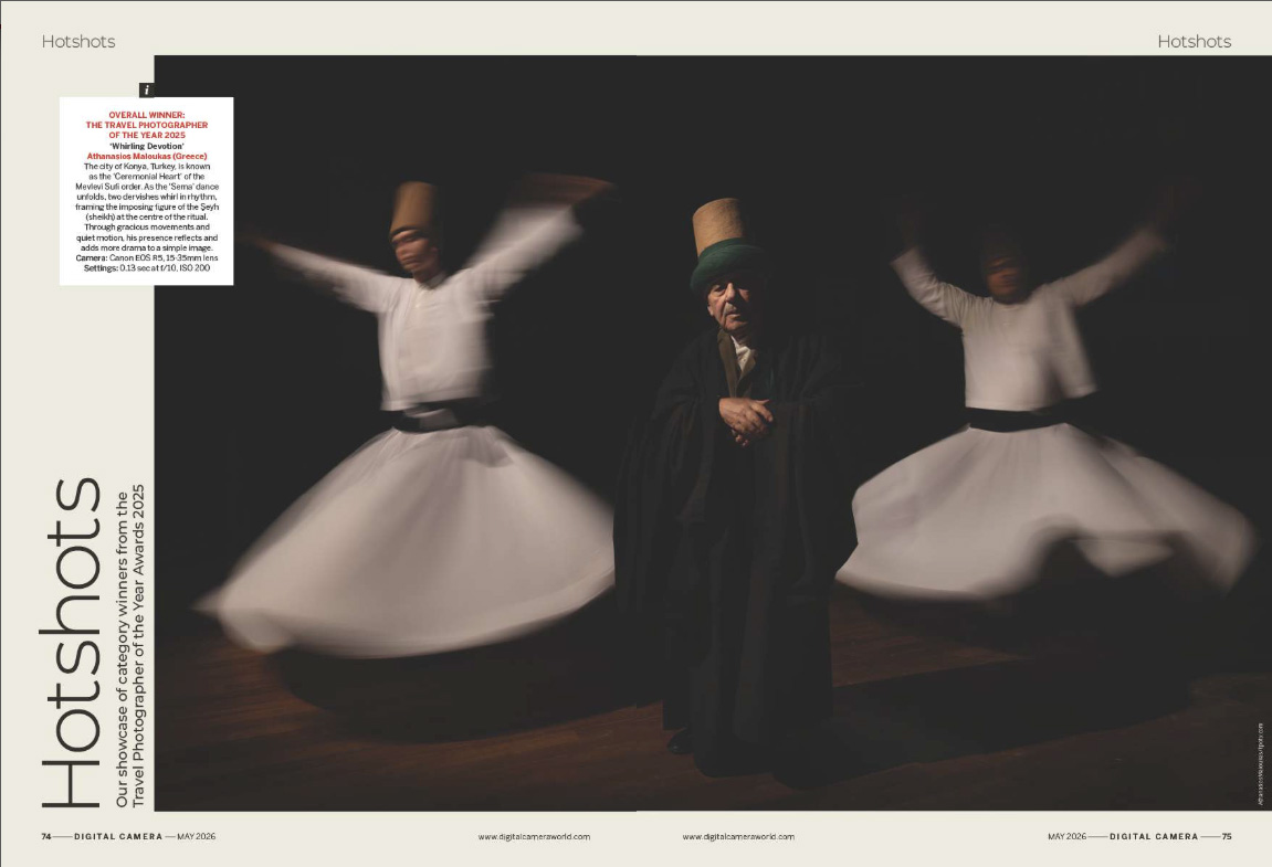 Image showing the first two pages of the Hotshots gallery in issue 307 (May 2026) of Digital Camera magazine, showcasing category winners from the Travel Photographer of the Year 2025 awards