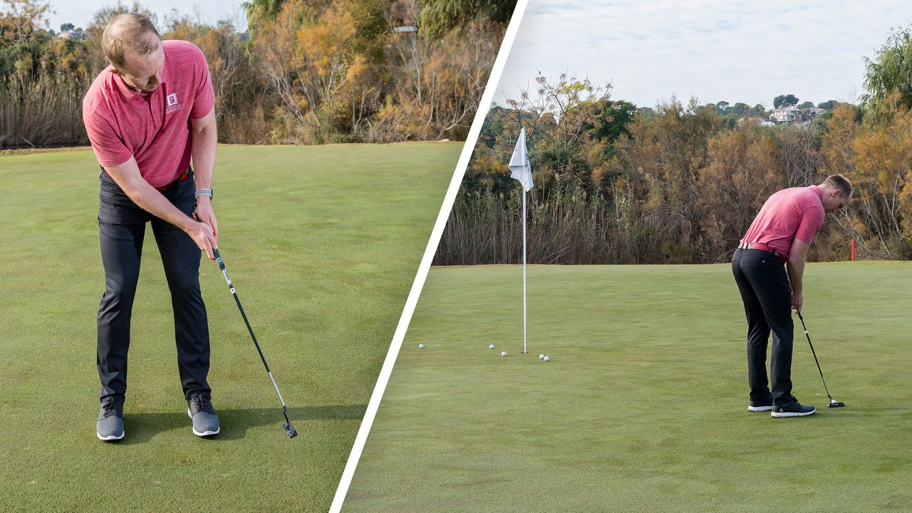 John Howells demonstrating a putting drills for speed on the green