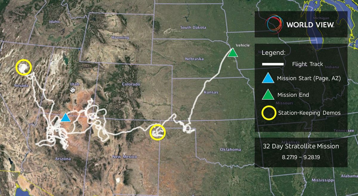 This diagram shows the flight path of World View&#039;s Stratollite high-altitude balloon system during its most recent test flight, which took place from Aug. 27 to Sept. 28, 2019.