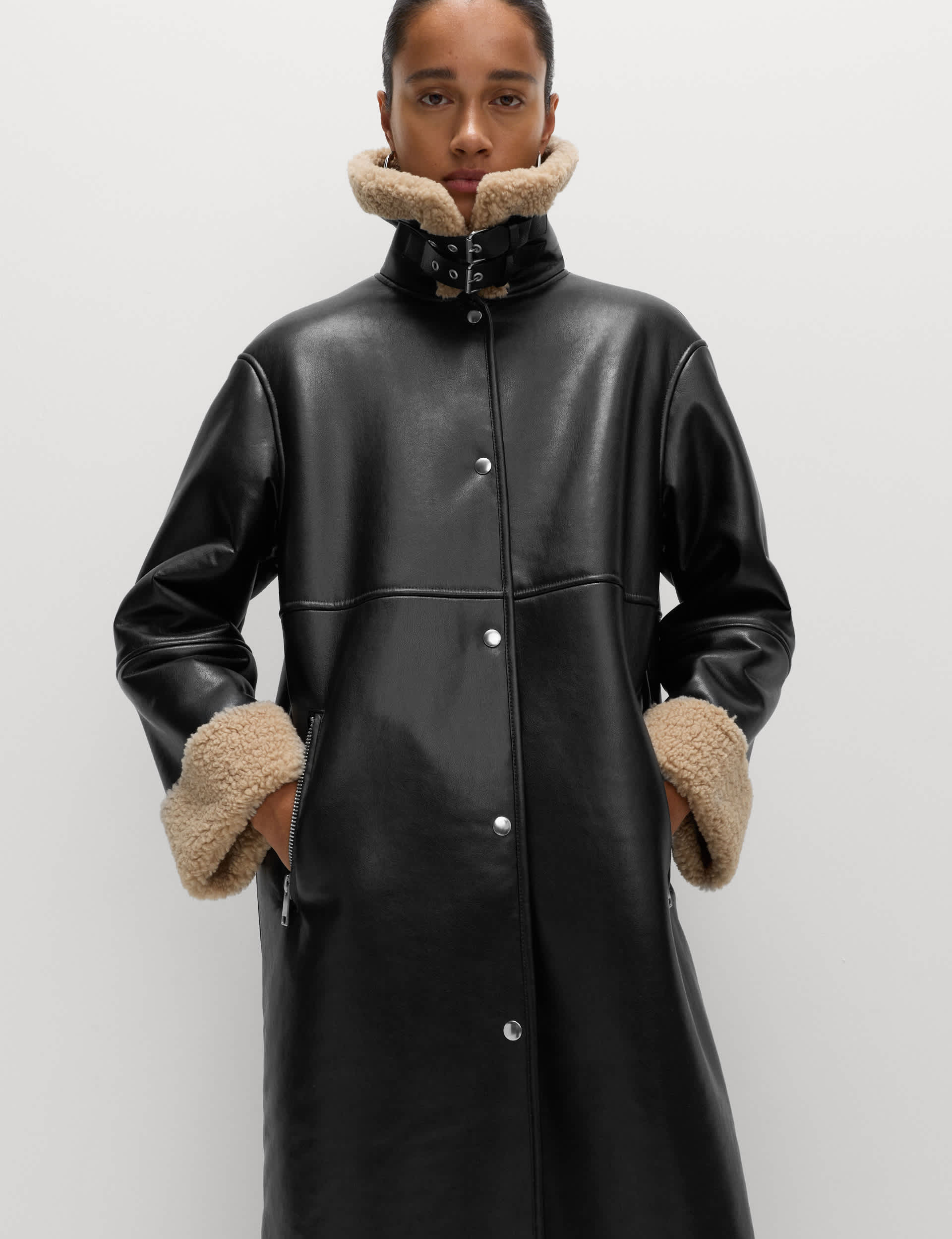 Faux Shearling Collared Longline Aviator Coat