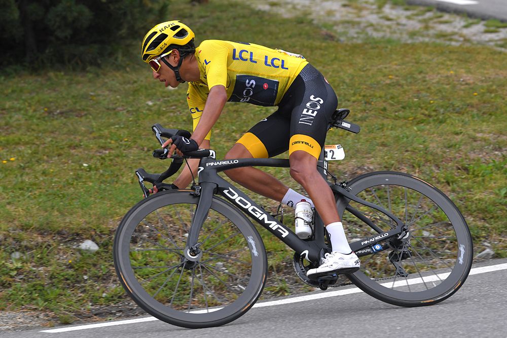 Egan Bernal (Team Ineos) wearing the yellow jersey stage 20 at the Tour de France