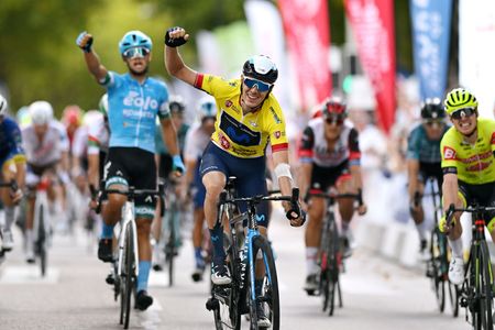 LIMOGES FRANCE AUGUST 19 Alex Aranburu Deba of Spain and Movistar Team Yellow Leader Jersey celebrates winning the 55th Tour du Limousin Nouvelle Aquitaine 2022 Stage 4 a 1748km stage from Saint Laurent sur Gorre to Limoges 289m TDL2022 on August 19 2022 in Limoges France Photo by Dario BelingheriGetty Images
