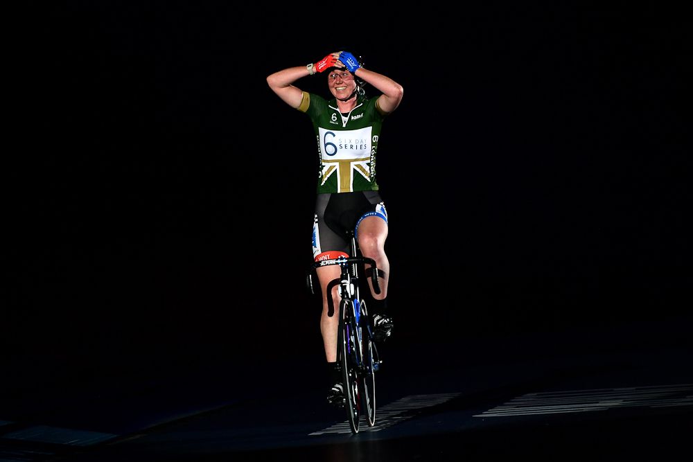 Katie Archibald of Great Britain celebrates winning the Womens Elimination Race on day four of the London Six Day