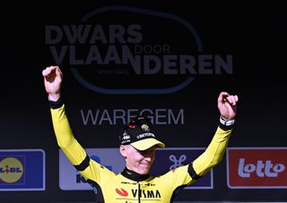 Matteo Jorgenson on the podium after winning Dwars door Vlaanderen