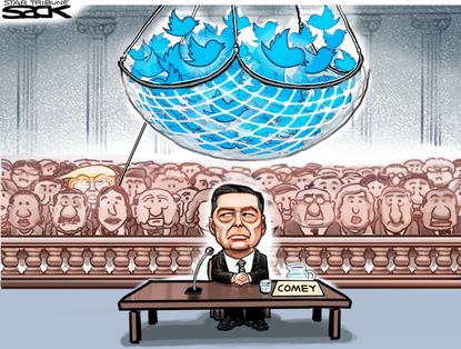 Political cartoon U.S. Comey testimony Trump tweets
