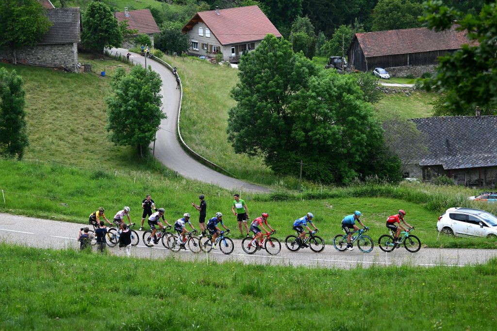 GRENOBLE ALPES MTROPOLE FRANCE JUNE 11 Tiesj Benoot of Belgium and Team JumboVisma Franck Bonnamour of France and AG2R Citron Team Julian Alaphilippe of France and Team Soudal Quick Step Nelson Oliveira of Portugal and Movistar Team Giulio Ciccone of Italy and Team Trek Segafredo Matteo Trentin of Italy and UAE Team Emirates Victor Campenaerts of Belgium and Team Lotto Dstny Polka Dot Mountain Jersey David De La Cruz of Spain and Astana Qazaqstan Team and Clment Champoussin of France and Team Arka Samsic compete in the breakaway during the 75th Criterium du Dauphine 2023 Stage 8 a 1528km stage from Le PontdeClaix to La Bastille Grenoble Alpes Mtropole 498m UCIWT on June 11 2023 in Grenoble Alpes Mtropole France Photo by Dario BelingheriGetty Images