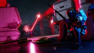 Marathon Season 2 sentinel runner crouching while defense system destroys enemy grenades with laser