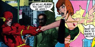 Flash Comic book cover with Flash and Iris West trying to return to the future