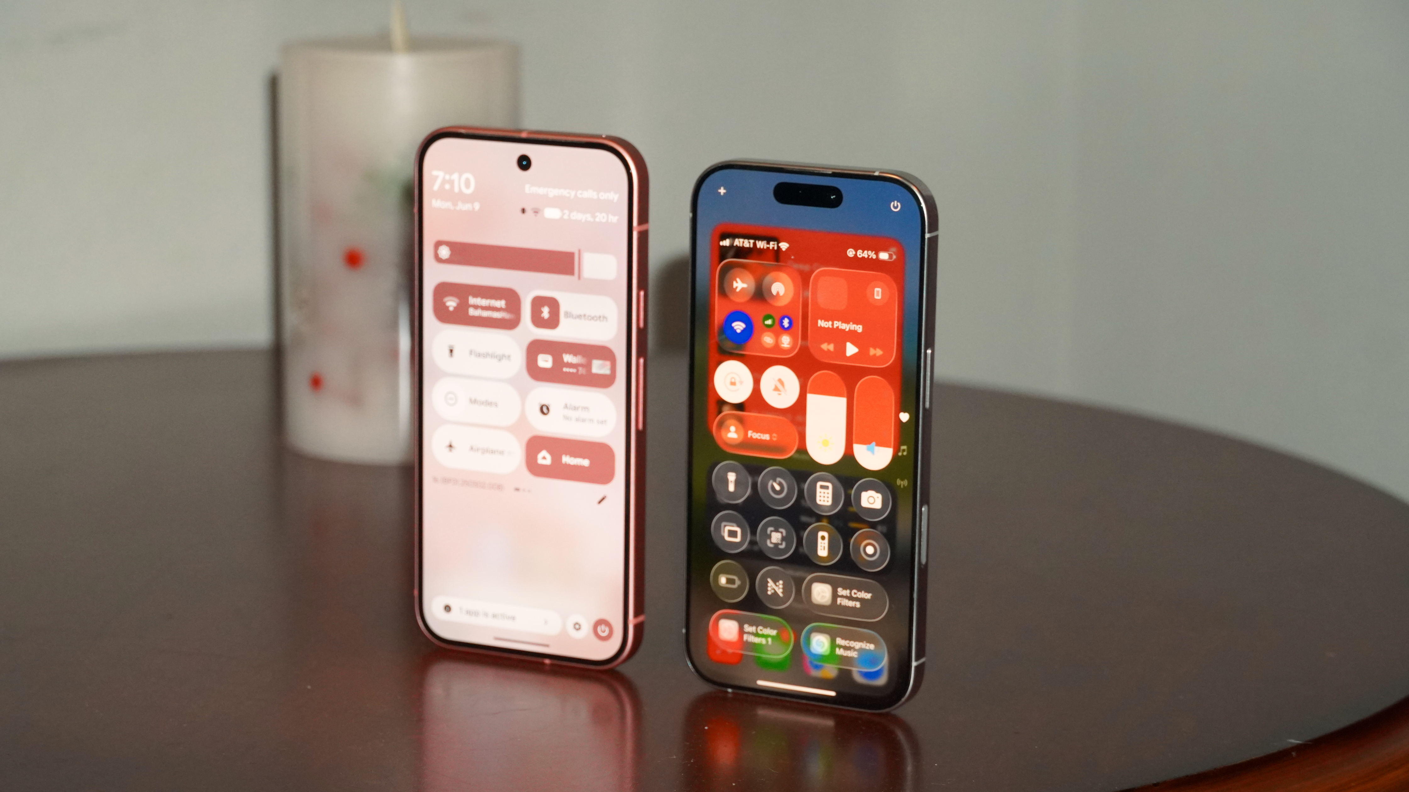 Material 3 Expressive running on a Pixel 9 (left) compared to Liquid Glass on an iPhone 16 Pro (right).