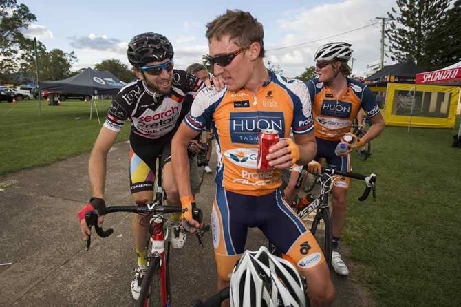 Anthony Giacoppo is congratulated by second-place Neil Van Der Ploeg after Stage 2 at Battle on the Border