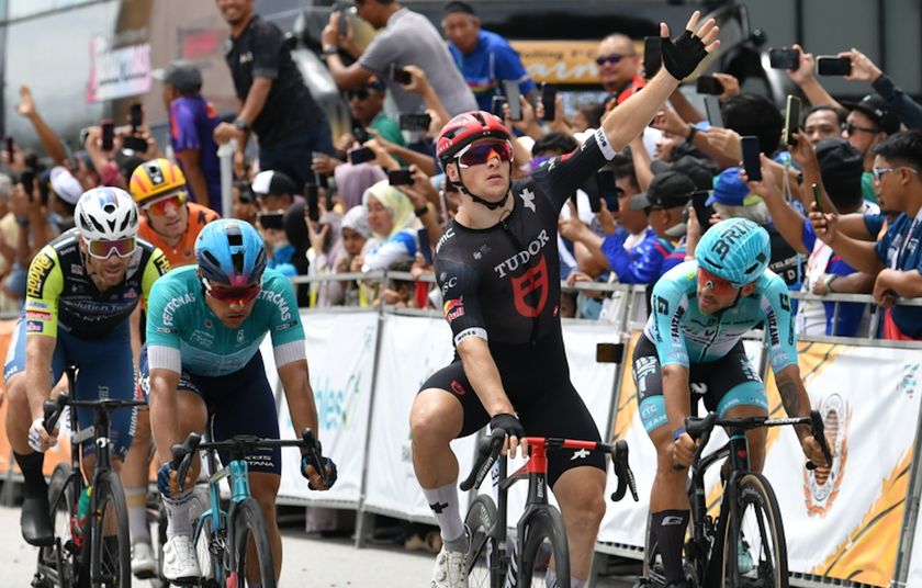 Arvid De Kleijn (Tudor Pro Cycling) wins stage 2 of the Petronas Le Tour de Langkawi with race leader Matteo Malucelli (XDS Astana) to his right in second