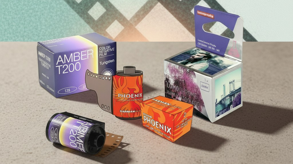 Selection of 35mm films on an AI background