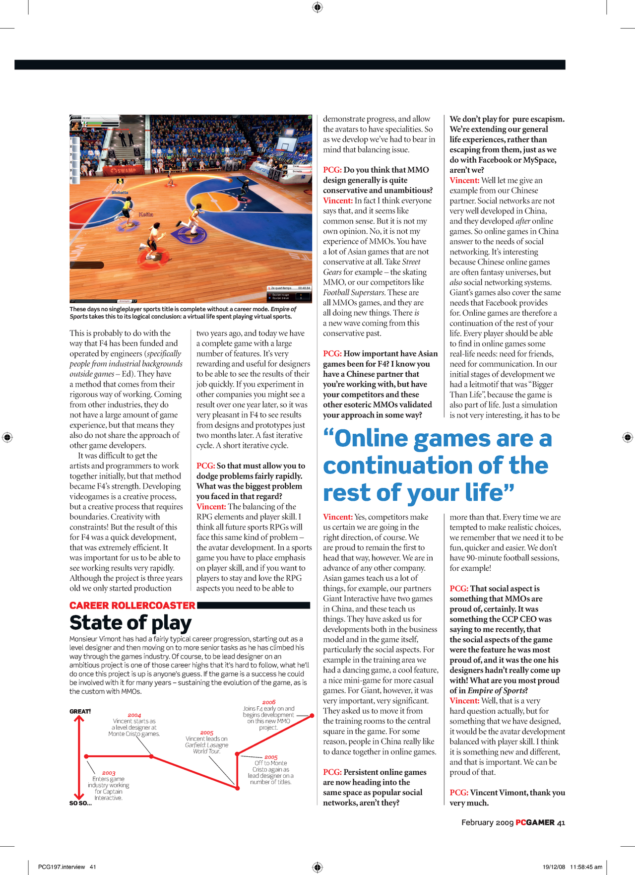 Two pages from the PC Gamer magazine, issue 197, wherein Vincent Vimont is interviewed about an MMO.