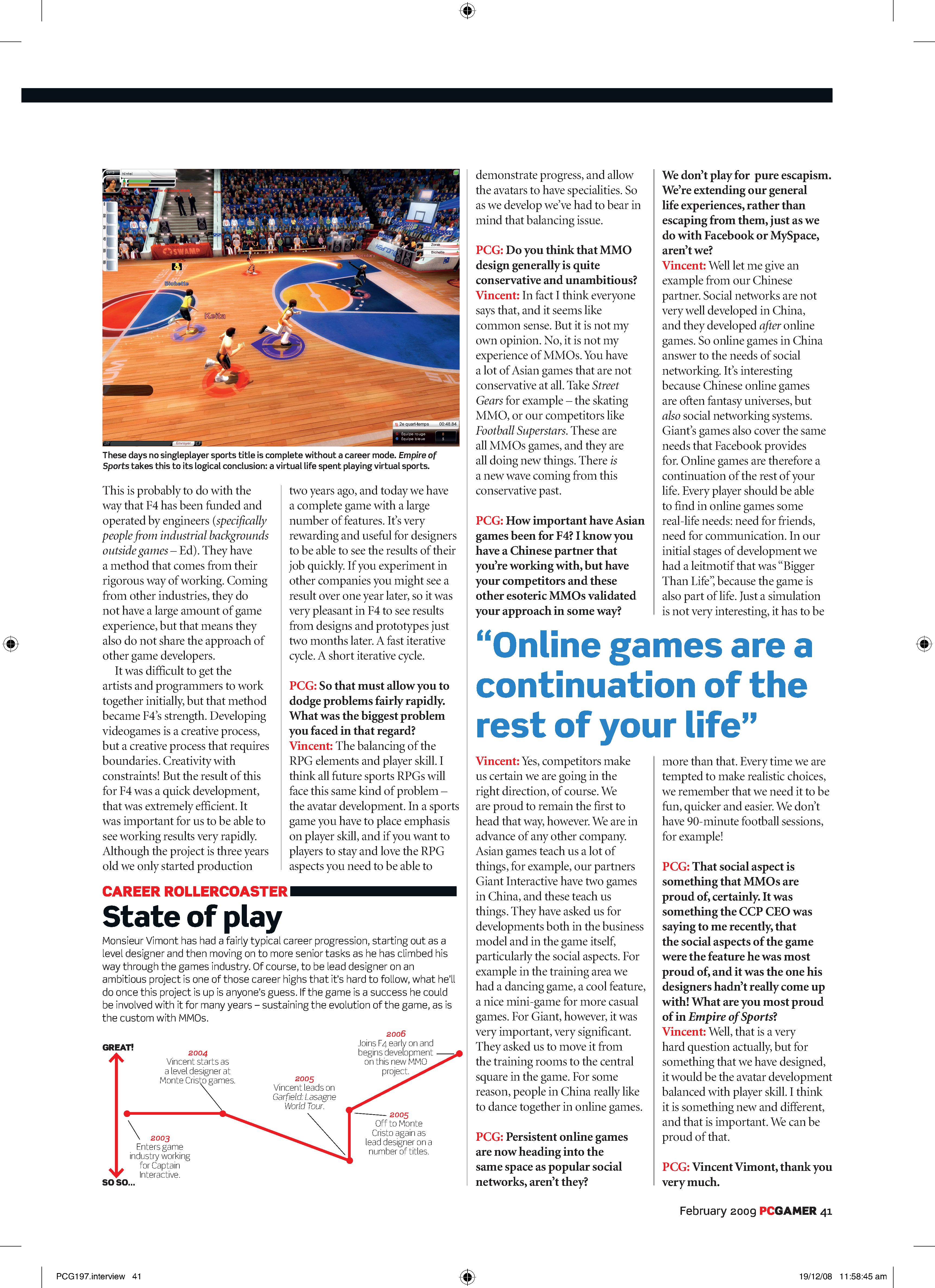 Two pages from the PC Gamer magazine, issue 197, wherein Vincent Vimont is interviewed about an MMO.