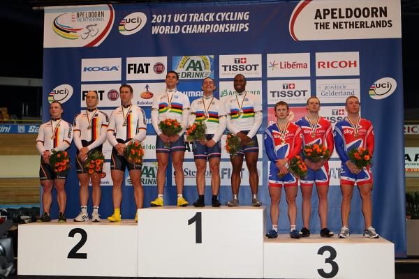 The team sprint podium - Germany, France, Great Britain