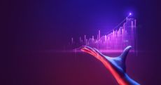 hand holding up a purple financial chart with bar lines and a moving average going up to signal growth