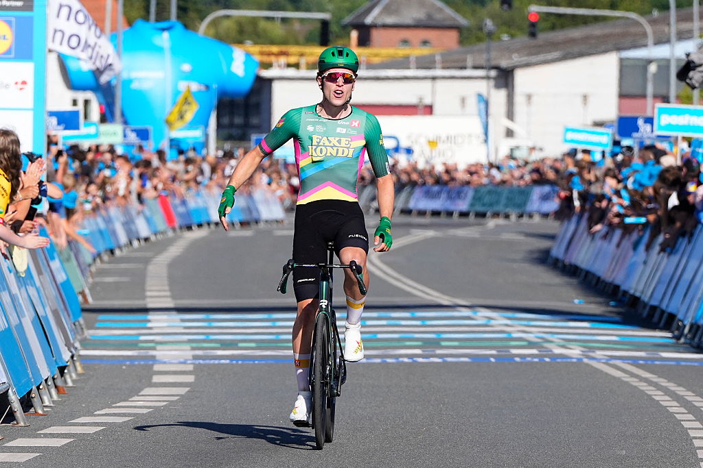 Uno-X Mobility's Norwegian cyclist Storm Ingebrigtsen celebrates winning the 4th Stage of the PostNord Denmark Tour in Faaborg,